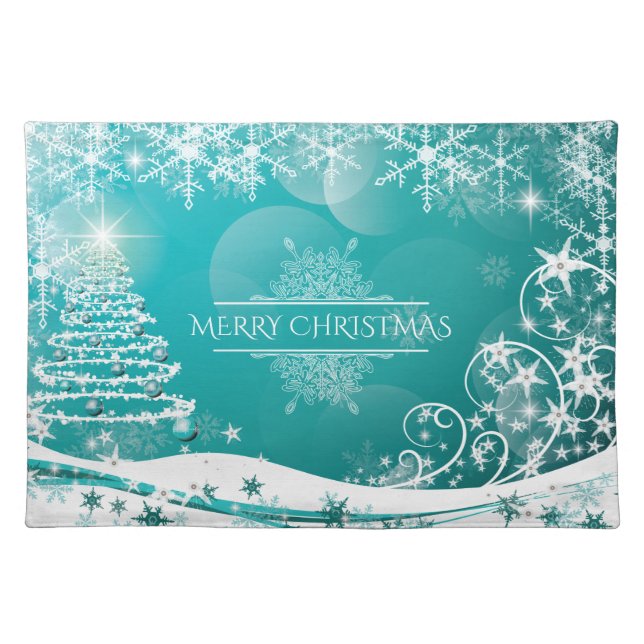 Merry Christmas Snowflakes Tree Flowers & Stars Cloth Placemat (Front)