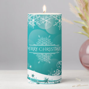 Merry Christmas Snowflakes Tree Flowers & Stars Pillar Candle
