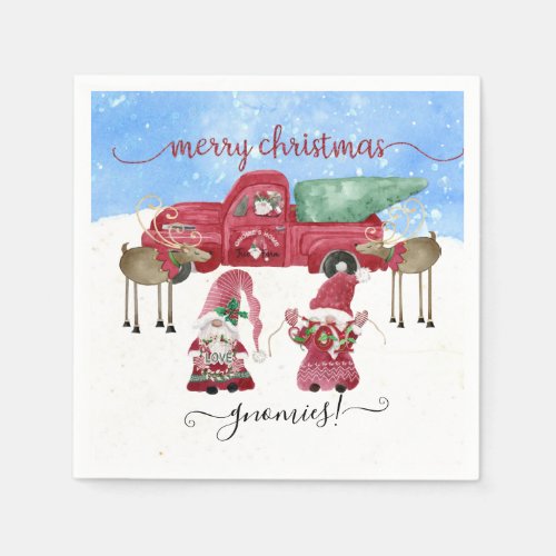 Merry Christmas Snowing Gnome Red Truck Tree Farm Napkins