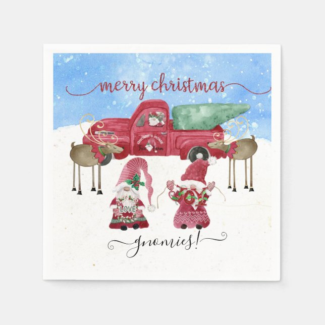 Merry Christmas Snowing Gnome Red Truck Tree Farm Napkins (Front)