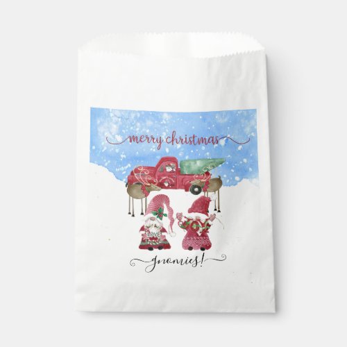 Merry Christmas Snowing Gnome Red Truck Watercolor Favor Bag