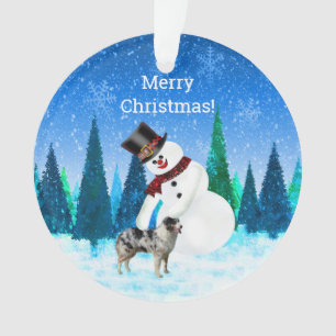 Merry Christmas Snowman and Australian Shepherd Ornament