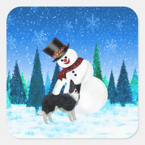 Merry Christmas Snowman and Border Collie Square Sticker