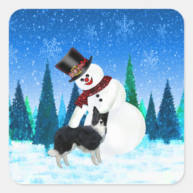 Merry Christmas Snowman and Border Collie Square Sticker (Front)
