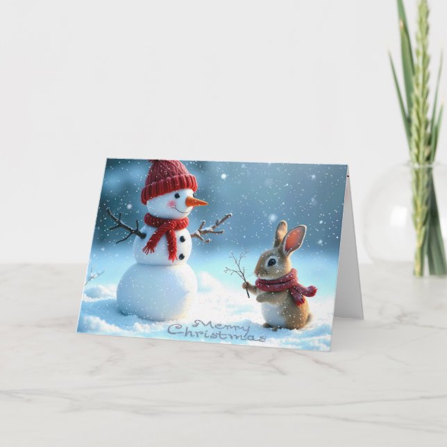 Merry Christmas Snowman and Bunny Holiday Card (Front)