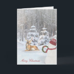 Merry Christmas snowman and deer in woods Holiday Card<br><div class="desc">snowman with holiday wreath for deer in winter woods with Christmas decorations and snowflakes</div>