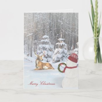 Merry Christmas Snowman And Deer In Woods Holiday Card by dryfhout at Zazzle