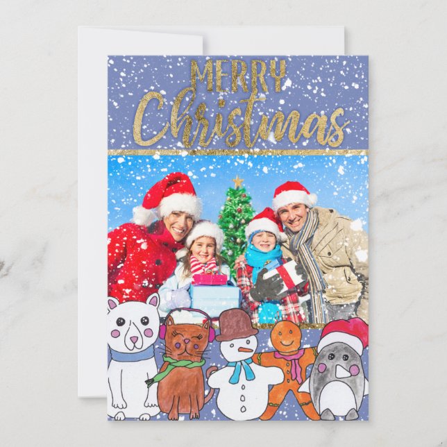 Merry Christmas Snowman and Friends Family Photo Holiday Card (Front)