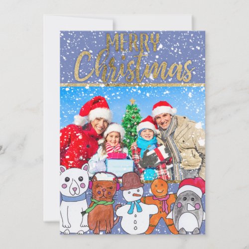 Merry Christmas Snowman and Friends Family Photo Holiday Card