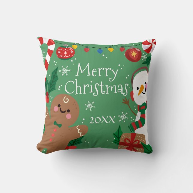Merry Christmas Snowman and Gingerbread Man Throw Pillow (Front)