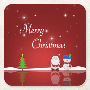 Merry Christmas Snowman and Santa Square Paper Coaster