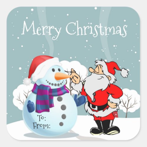 Merry Christmas Snowman and Santa Square Sticker