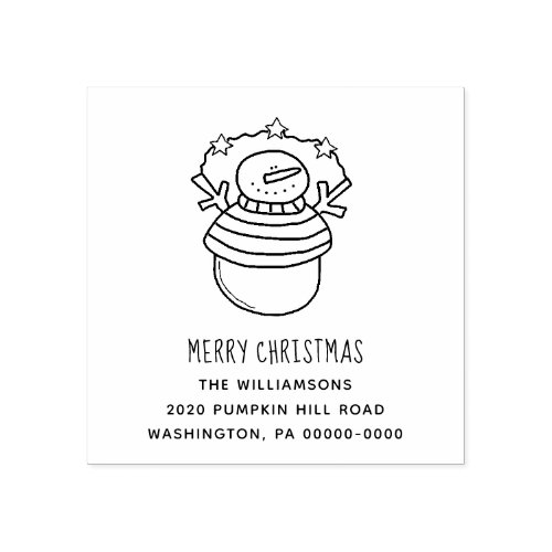 Merry Christmas Snowman and Stars Editable Address Rubber Stamp