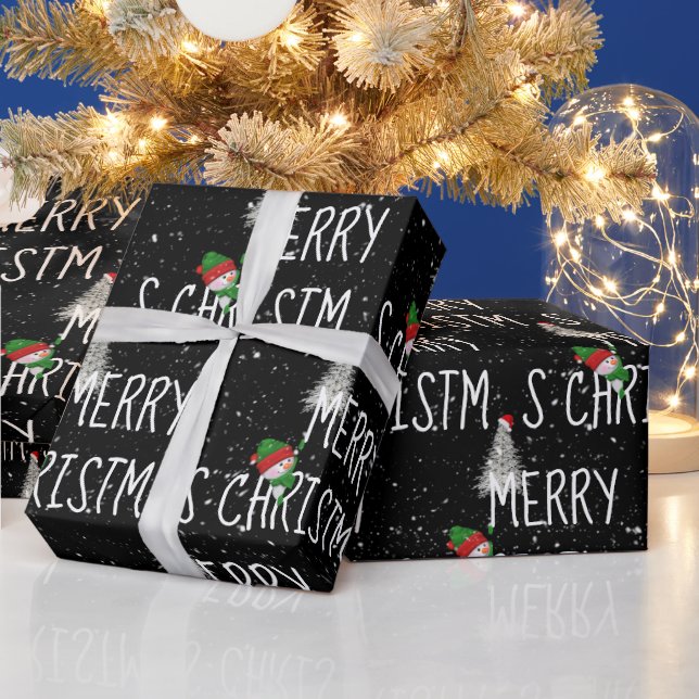 Merry Christmas Snowman and Tree in Snowflakes  Wrapping Paper (Holidays)