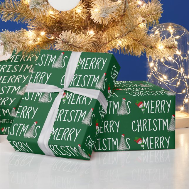 Merry Christmas Snowman and Tree in Snowflakes  Wrapping Paper (Holidays)