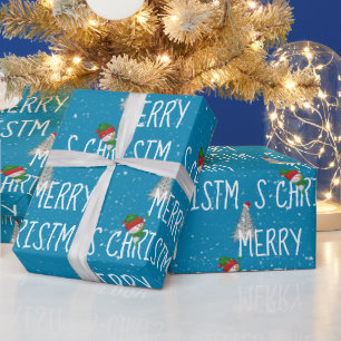 Merry Christmas Snowman and Tree in Snowflakes Wrapping Paper