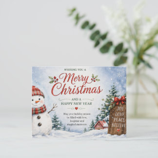 Merry Christmas Snowman and Winter Greenery Holiday Postcard