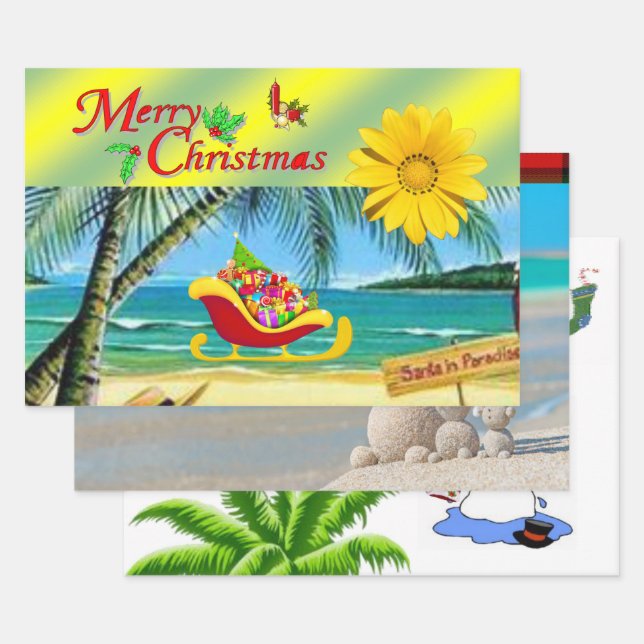 Merry Christmas Snowman Beach Bum Santa  Wrapping Paper Sheets (Set)