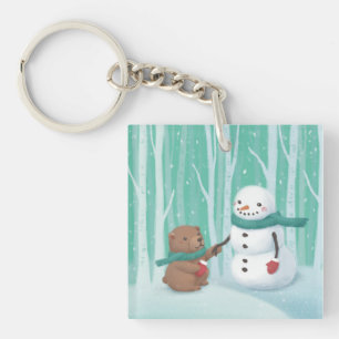 Merry Christmas: Snowman & Bear Illustration Art Keychain