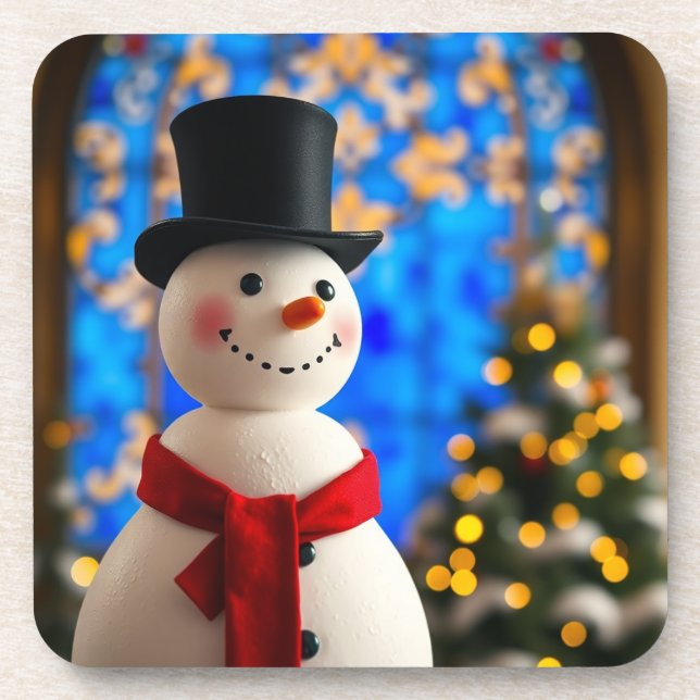 Merry Christmas Snowman Beverage Coaster (Front)