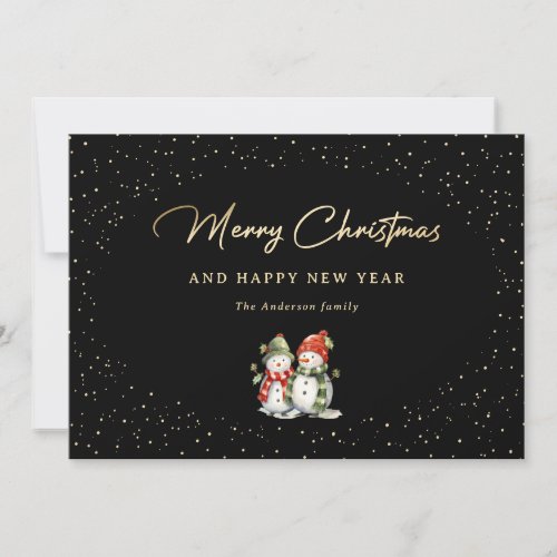 Merry Christmas Snowman Black Gold Snowy Holiday Card