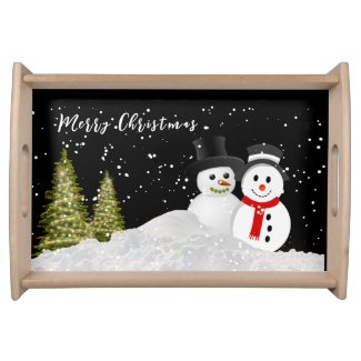 Merry Christmas Snowman Black serving tray