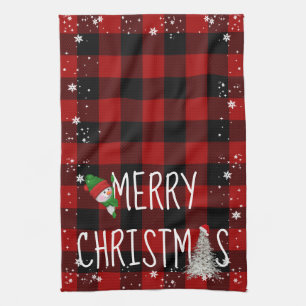Merry Christmas Snowman Buffalo Plaid Kitchen Towel