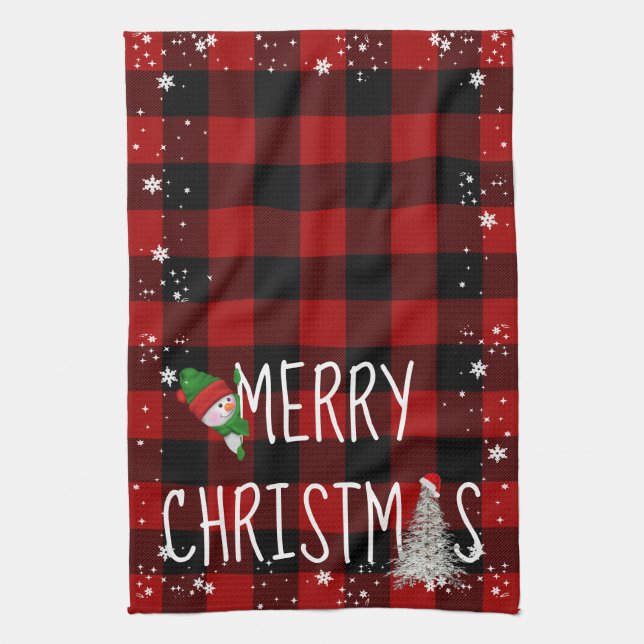 Merry Christmas Snowman Buffalo Plaid Kitchen Towel (Vertical)
