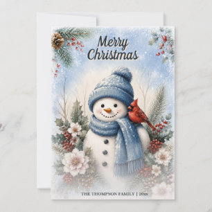 Merry Christmas Snowman Cardinal Watercolor Winter Holiday Card