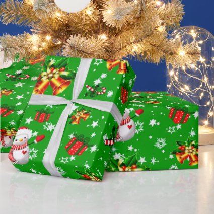 Merry Christmas Snowman Christmas Bells Star Green