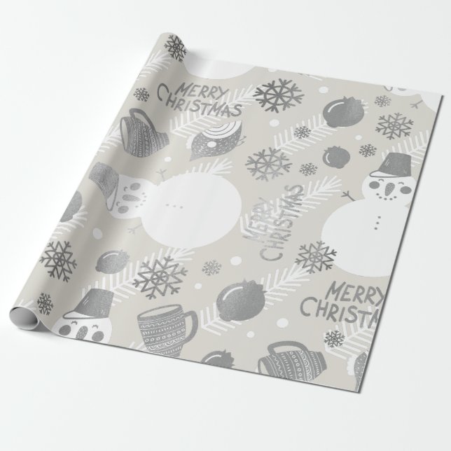 Merry Christmas Snowman Coffe Mug Silver White Wrapping Paper (Unrolled)
