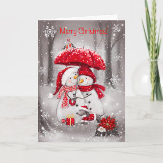 Merry Christmas, Snowman Couple with Umbrella Card