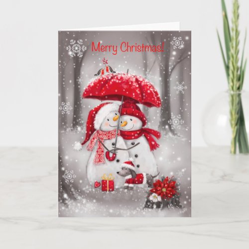 Merry Christmas Snowman Couple with Umbrella Card