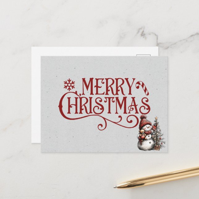 Merry Christmas Snowman Decorating the Tree Postcard (Front/Back In Situ)