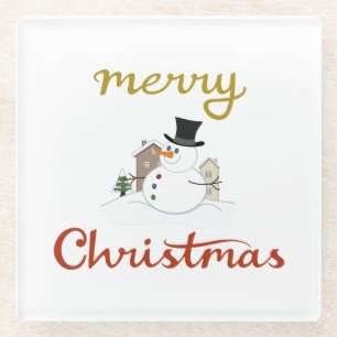 Merry Christmas+Snowman Design Glass Coaster