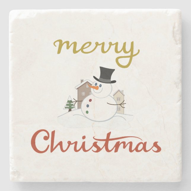 Merry Christmas+Snowman Design Stone Coaster (Front)