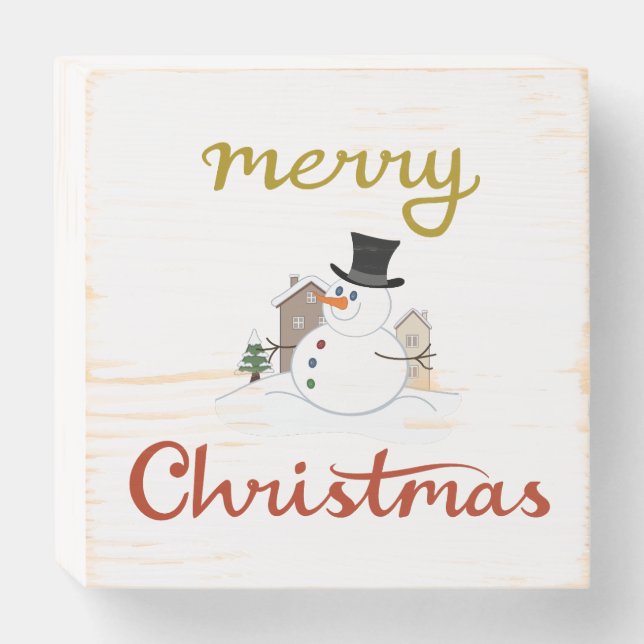 Merry Christmas+Snowman Design Wooden Box Sign (Front Horizontal)