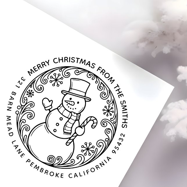 MERRY CHRISTMAS Snowman Family Name Return Address Rubber Stamp (Creator Uploaded)