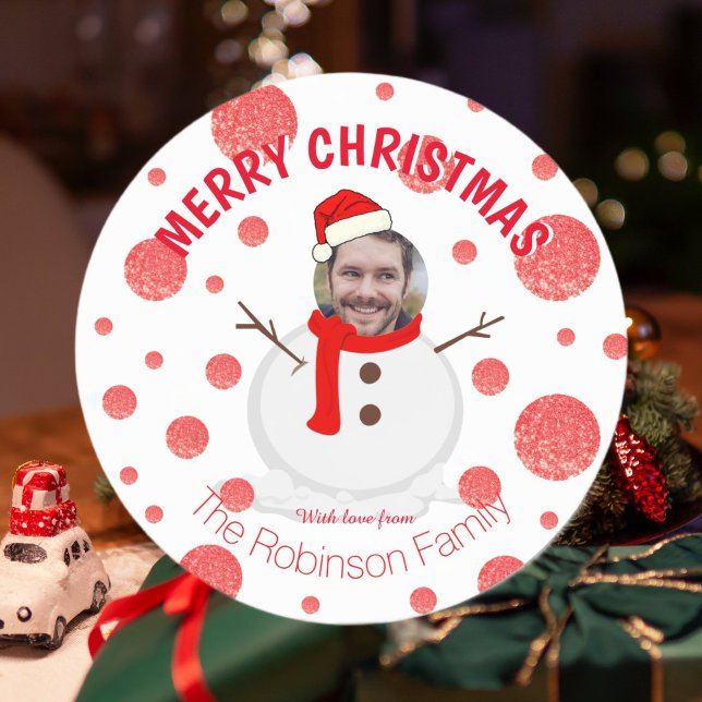 Merry Christmas Snowman Funny Photo face Classic Round Sticker (Merry Christmas Snowman Funny Photo Face Classic Round Sticker)
