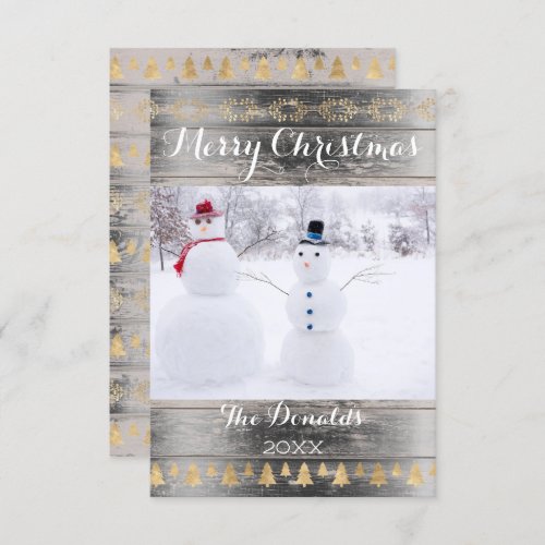 Merry Christmas Snowman Gold Wood Photo Cottage Invitation