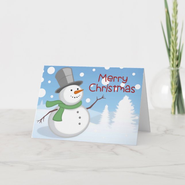 Merry Christmas Snowman Green Scarf Winter Holiday Card (Front)