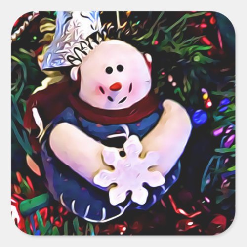 Merry Christmas Snowman Holding Snowflake Square Sticker