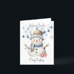 Merry Christmas Snowman Holiday Card<br><div class="desc">Wish someone a special Christmas with this adorable card. An adorable watercolor snowman wearing a hat and scarf and a big happy smile. Behind him are some blue baubles hanging from some string. Above and below reads Wishing you a Merry Christmas in a black script.</div>