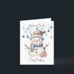 Merry Christmas Snowman Holiday Card<br><div class="desc">Wish someone a special Christmas with this adorable card. An adorable watercolor snowman wearing a hat and scarf and a big happy smile. Behind him are some blue baubles hanging from some string. Above and below reads Wishing you a Merry Christmas in a black script.</div>
