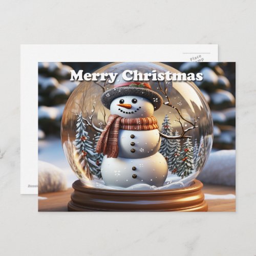 Merry Christmas Snowman in Snow Globe Announcement Postcard