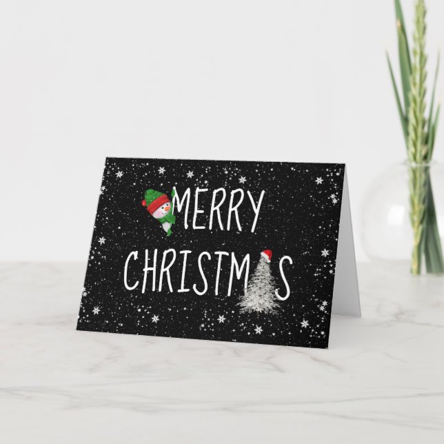 Merry Christmas Snowman in Snowflakes On Black Holiday Card (Front)