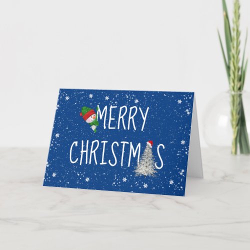 Merry Christmas Snowman in Snowflakes On Blue Holiday Card