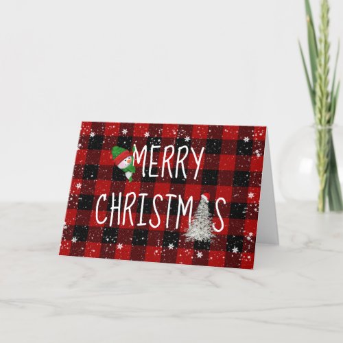 Merry Christmas Snowman in Snowflakes on Plaid Holiday Card