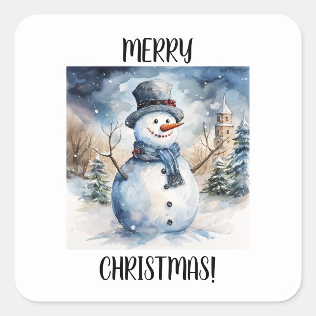Merry Christmas Snowman in the Snow Watercolor Square Sticker (Front)