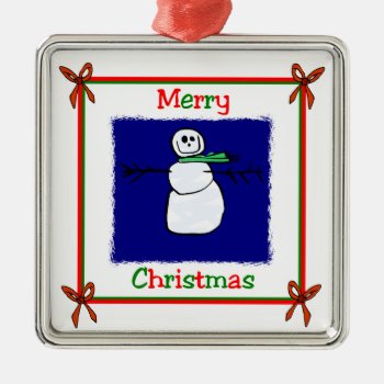 Merry Christmas Snowman Metal Ornament by OneStopGiftShop at Zazzle